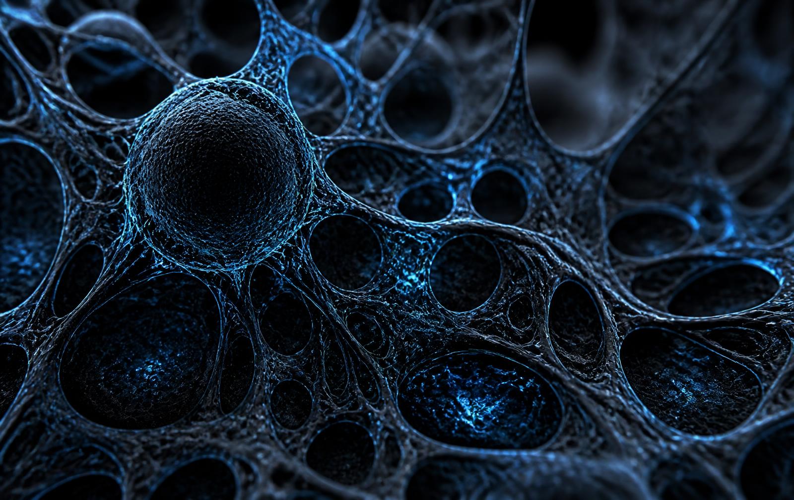 Abstract macro visualization of cellular structures in blue and obsidian