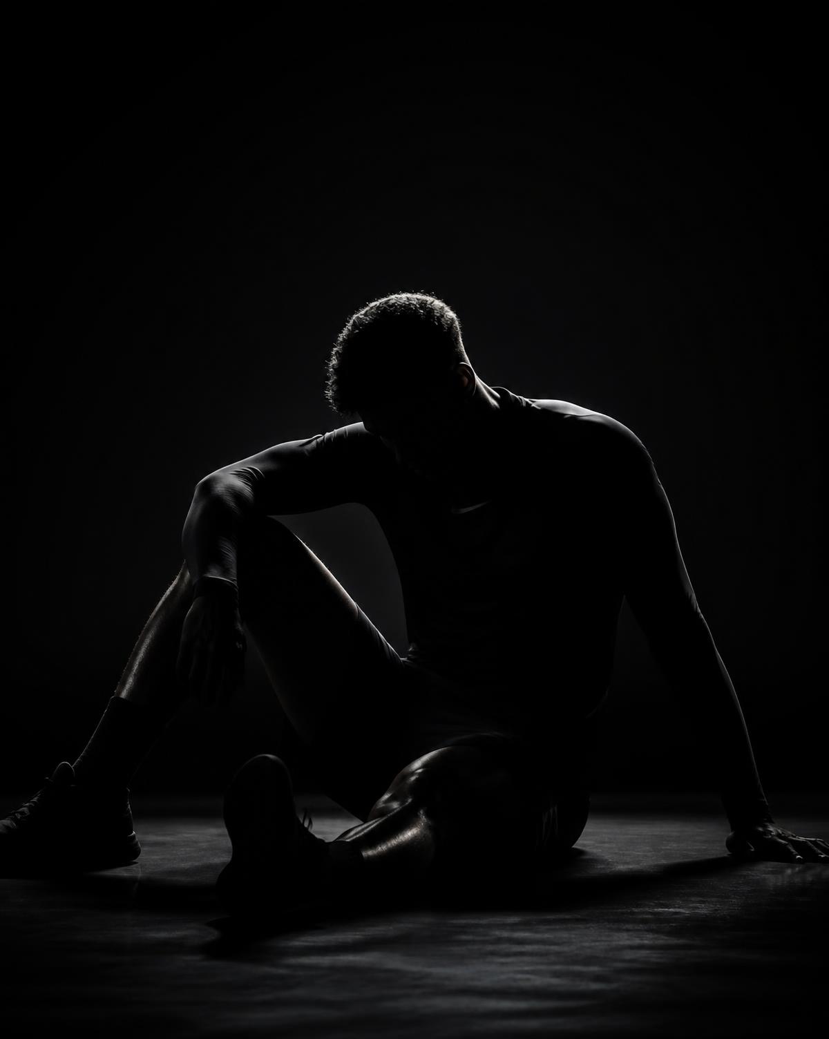 Athlete silhouette in recovery, lit from behind in a dark studio