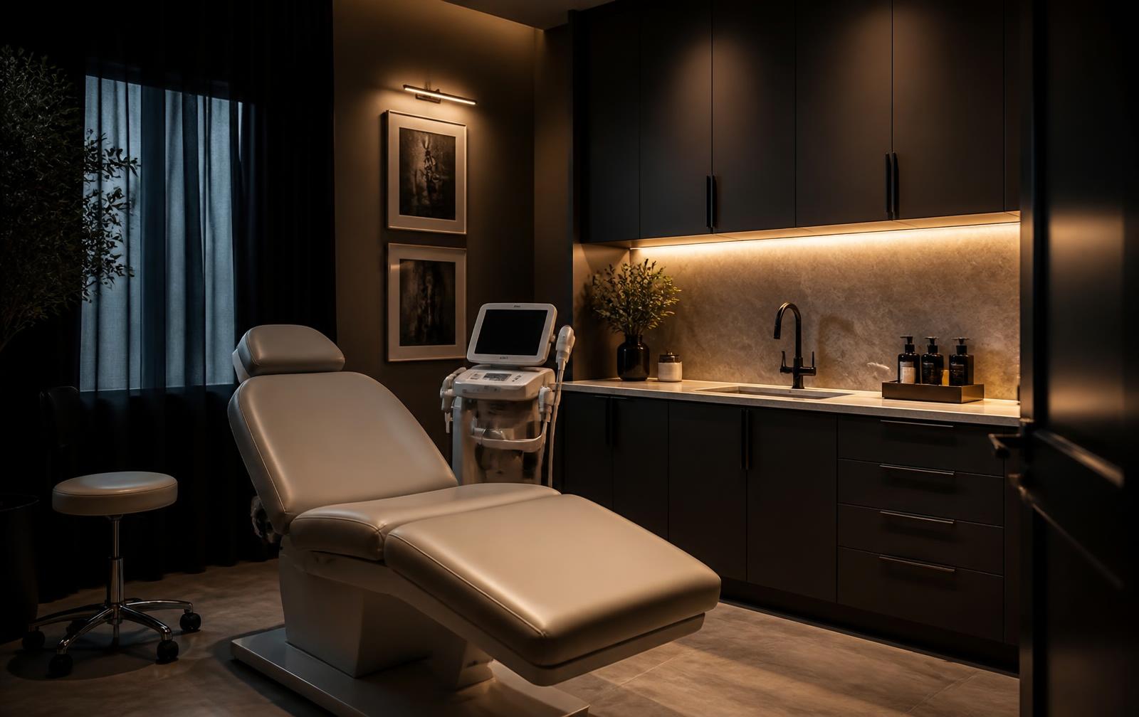 Premium clinical treatment room with exam chair, cabinetry and sink